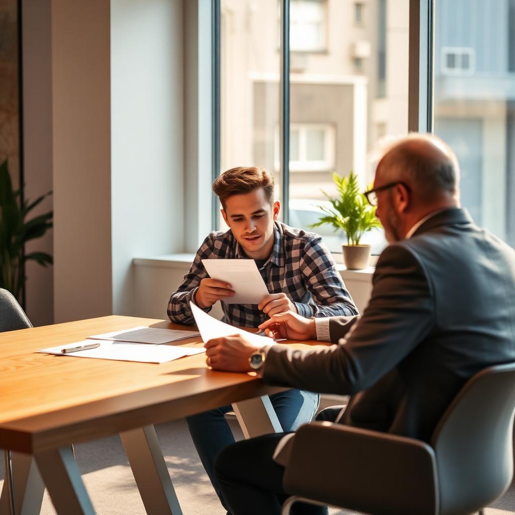 Young British founder reviewing paperwork with an advisor in a bright office