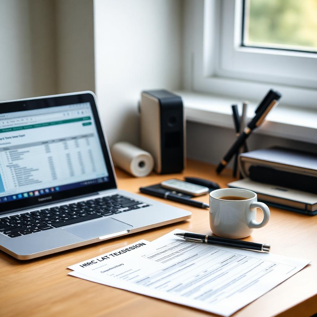 UK tax paperwork, laptop with spreadsheet and coffee on a home office desk