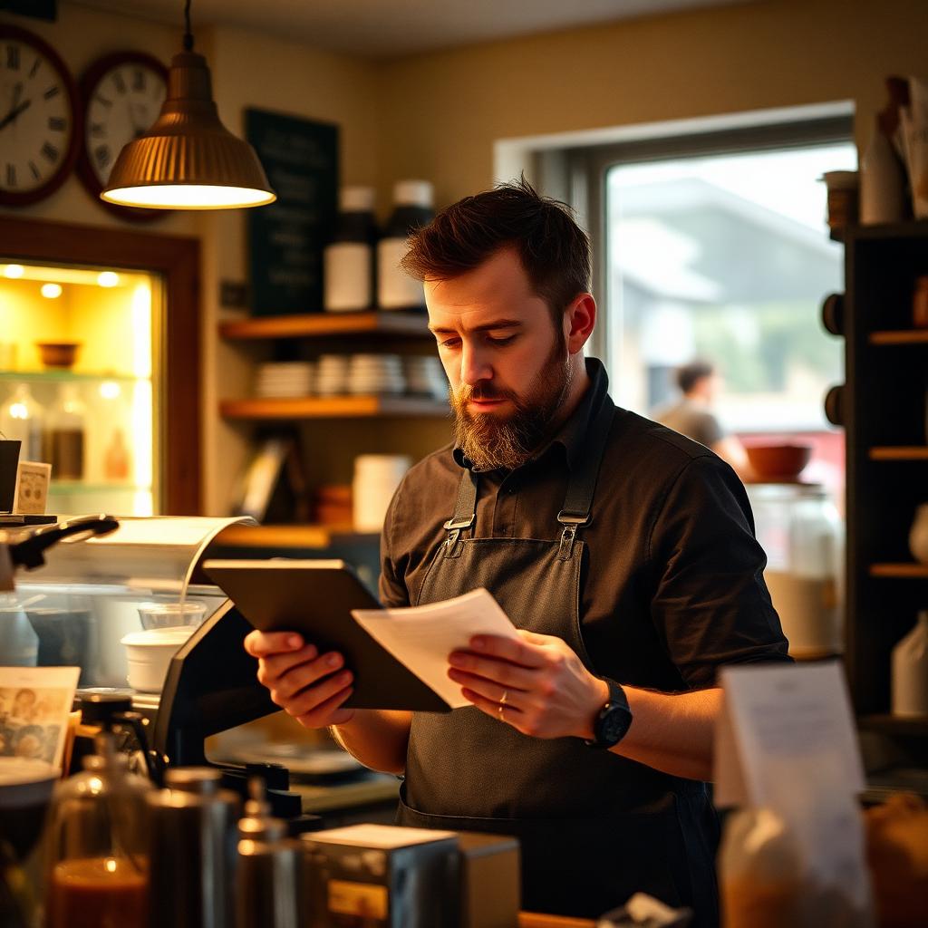Independent UK cafe owner reviewing receipts on a tablet behind the counter
