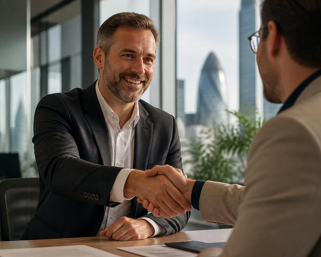 Chartered accountant shaking hands with a new client in a London office