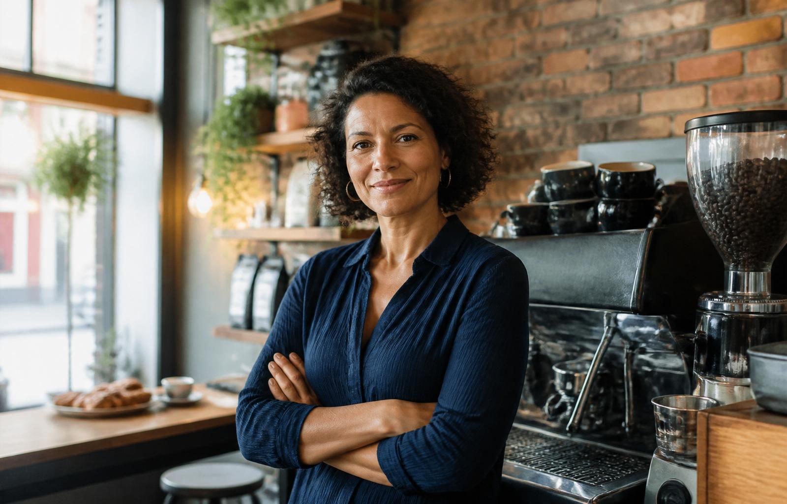 Independent London café owner standing behind her counter