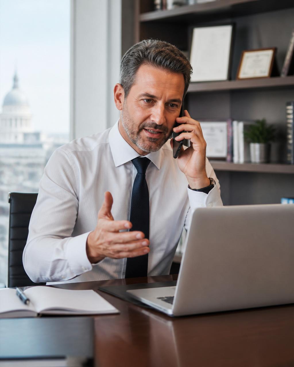 Chartered accountant on a client call in a London office